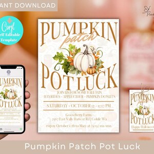 May include: A digital download featuring a "Pumpkin Patch Potluck" invitation. The design includes a white pumpkin illustration with fall foliage, and the text "Pumpkin Patch Potluck". A phone displays the invitation, and a small tag is also shown.
