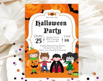 May include: Orange and black Halloween party invitation with a cartoon pumpkin, werewolf, vampire, and zombie. The invitation includes the date, time, and location of the party. It also mentions cookie decorating, games, prizes, and tons of fun. The text reads "Join us for a fun Halloween Party, October 25, 7:00 PM, Sarah's House, 9837 S Orange, Lemoore, WY, Cookie Decorating, Games, Prizes & Tons of Fun, Wear your favorite Costume!!"