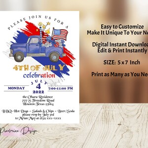May include: A printable invitation for a 4th of July celebration. The invitation features a blue pickup truck decorated with red, white, and blue patriotic decorations, including fireworks, flowers, and an American flag. The text on the invitation reads "4th of July celebration" and includes the date, time, and location of the event. The invitation also includes information about the event, such as BBQ, hot dogs, salads, chips, beer, and soda. The invitation is sized 5x7 inches.