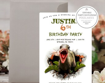 Puede incluir: Una tarjeta de invitación de cumpleaños blanca con un dinosaurio saliendo de una pared agrietada. El texto dice: JOIN US FOR A ROARING GOOD TIME, JUSTIN'S 6TH BIRTHDAY PARTY, JUNE 12TH, 1849 WEST BELLVUE WAY, 2:00 PM, SPOKANE, WA 98374.