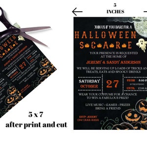 May include: A Halloween party invitation, 5 x 7 inches after print and cut, with a black background and orange text. The invitation includes the text "Halloween Scare", the date, time, and RSVP information. The design features pumpkins, a ghost, and a moon.
