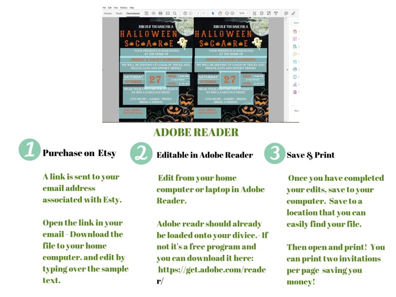 May include: Halloween-themed invitation template with a spooky design. The invitation features text, pumpkins, and a moon graphic. Instructions for editing and printing are also included, with steps for Adobe Reader.