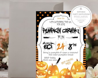 Pumpkin-Carving-Party, Halloween Party Invitation, Editable Party Invitation is Instantly Edited & Download To Print by you - No Waiting!