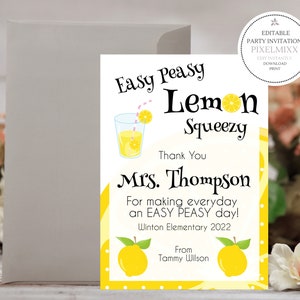 Easy Peasy Lemon Squeezy Teacher Appreciation Card, Student Teacher Gift Card, Bewerkbare Lemon Squeezy Card, Edit & Print Instant Download
