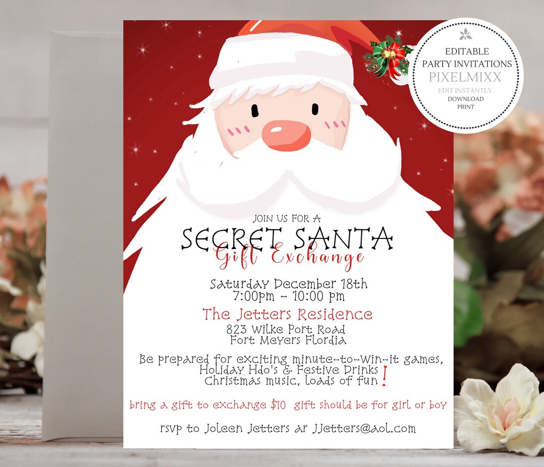 Secret Santa Party Invitation, 8.5 X 11 Inch Invitation Flyer, Edit and ...