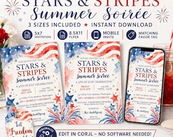 Editable 4th of July Invitation Patriotic Party Invite Template BBQ Summer Flyer Mobile Invite Red White Blue Celebration