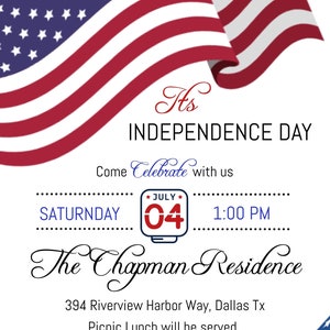 May include: Invitation to celebrate Independence Day on Saturday, July 4th at 1:00 PM at The Chapman Residence, located at 394 Riverview Harbor Way, Dallas Tx.  Picnic lunch will be served.  Bring your own lawn chairs and towel.  RSVP to Mary Chapman by July 2nd at (215) xxx-xxxx.