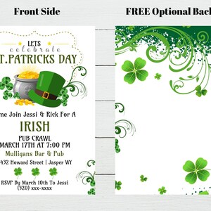 May include: St. Patrick's Day invitation with a green leprechaun hat, pot of gold, and shamrocks. The invitation text reads "Let's Celebrate St. Patrick's Day" and includes event details for an Irish pub crawl.