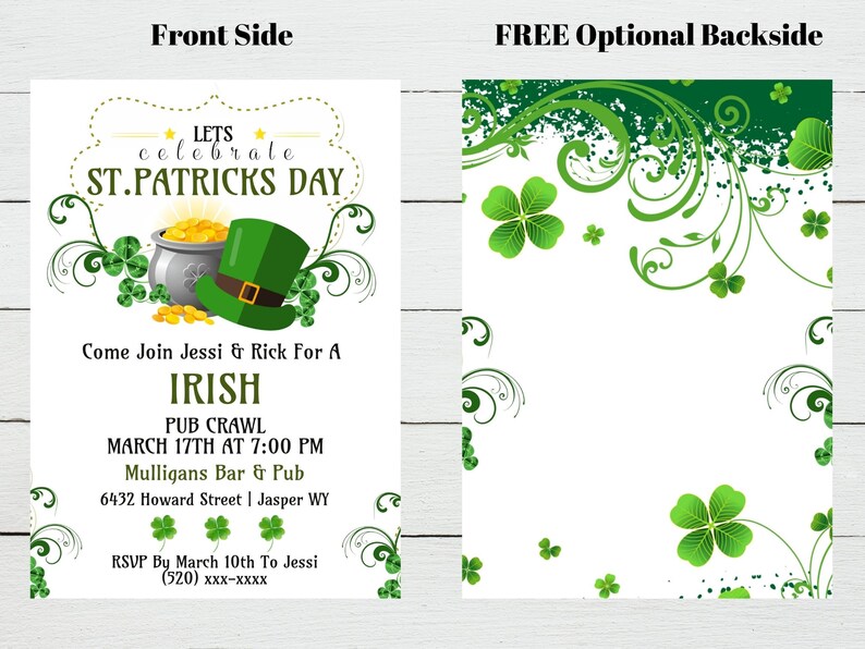 May include: St. Patrick's Day invitation with a green leprechaun hat, pot of gold, and shamrocks. The invitation text reads "Let's Celebrate St. Patrick's Day" and includes event details for an Irish pub crawl.