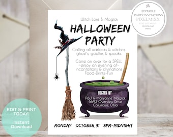 May include: Halloween party invitation with a witch's hat, broom, and cauldron. The invitation includes the text "Halloween Party" and details about the event, including the date, time, and location. The invitation is a digital download.