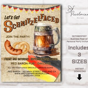 Puede incluir: Folleto publicitario de Oktoberfest con ilustraciones de jarra de cerveza, pretzel y salchicha. El folleto incluye el texto "Let's Get Schnitzelfaced" y detalla un evento en Red Baron Pub en Oakland.