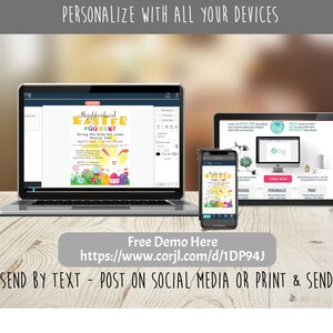 May include: A digital mockup of a printable Easter egg hunt invitation. The invitation features a colorful cartoon bunny and eggs with the text "Neighborhood Easter Egg Hunt" and "Bring the kids for some Easter fun!"  The invitation is displayed on a laptop, tablet, and smartphone.