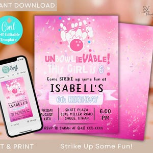 Convite para festa de aniversário de boliche editável, modelo de convite para festa de boliche para meninas, cartão para impressão com tamanho de texto digital, festa de boliche rosa