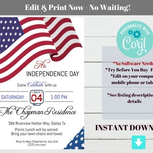 May include: Editable Independence Day party invitation with a red, white, and blue American flag design. The invitation features the text "It's Independence Day" and "Come Celebrate with us". The date is Saturday, July 4th at 1:00 PM. The location is "The Chapman Residence" at 394 Riverview Harbor Way, Dallas Tx. The invitation also includes the text "Picnic Lunch will be served. Bring your lawn chairs and towel. Rsvp to Mary Chapman by July 2nd (215) xxx-xxxx".