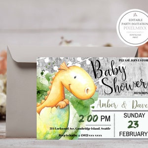 May include: A baby shower invitation with a watercolor illustration of a yellow dinosaur hatching from an egg. The invitation is for Amber & Dave and is set for 2:00 PM on Sunday, February 23rd. The invitation includes the address and RSVP information.