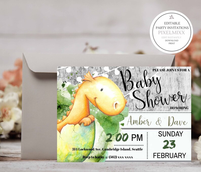 May include: A baby shower invitation with a watercolor illustration of a yellow dinosaur hatching from an egg. The invitation is for Amber & Dave and is set for 2:00 PM on Sunday, February 23rd. The invitation includes the address and RSVP information.