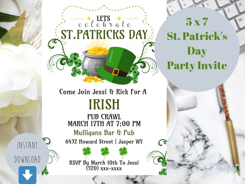 May include: A St. Patrick's Day party invitation with a green leprechaun hat, a pot of gold, and shamrocks. The invitation is 5x7 inches and includes details for an Irish pub crawl on March 17th.