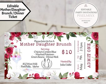 Blumen Mutter Tochter Brunch Ticket: Bearbeitbare Vorlage (Digitaler Download)