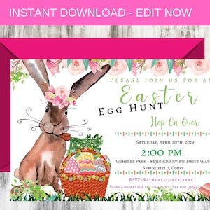 Puede incluir: Una invitación a una búsqueda de huevos de Pascua con una ilustración de acuarela de un conejo marrón con una corona de flores y sosteniendo una cesta de huevos coloridos. El texto dice "Por favor, únase a nosotros para una búsqueda de huevos de Pascua, Hop On Over, Sábado, 20 de abril de 2019, 2:00 PM, Winfree Park - 82310 Riverview Drive Way, Springfield, Ohio, RSVP - Kathy al 123-XXX-XXXX, Traiga una cesta para la búsqueda de huevos - ¡Nos vemos allí!"