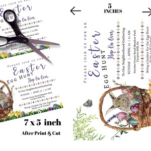 Puede incluir: Invitaci&oacute;n imprimible para una b&uacute;squeda de huevos de Pascua. La invitaci&oacute;n presenta una ilustraci&oacute;n de acuarela de un conejo en una cesta con huevos de colores. El texto de la invitaci&oacute;n dice "Por favor, &uacute;nase a nosotros para una b&uacute;squeda de huevos de Pascua - Hop on Over" e incluye detalles sobre el evento, como la fecha, la hora y el lugar.
