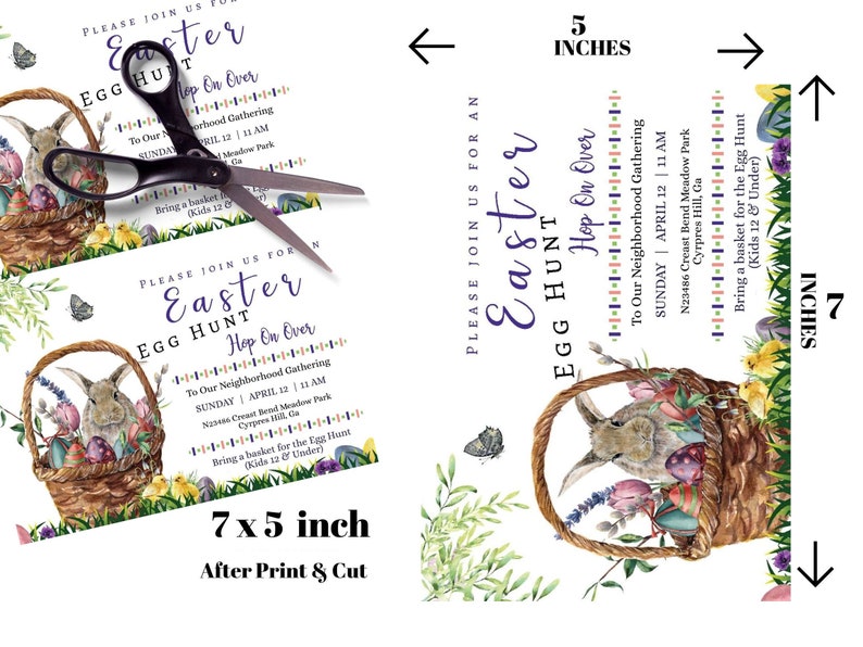 Puede incluir: Invitaci&oacute;n imprimible para una b&uacute;squeda de huevos de Pascua. La invitaci&oacute;n presenta una ilustraci&oacute;n de acuarela de un conejo en una cesta con huevos de colores. El texto de la invitaci&oacute;n dice "Por favor, &uacute;nase a nosotros para una b&uacute;squeda de huevos de Pascua - Hop on Over" e incluye detalles sobre el evento, como la fecha, la hora y el lugar.