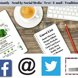 May include: An invitation for a St. Patrick's Day Irish pub crawl with a green leprechaun hat and pot of gold graphic. Includes a guest list, coffee, keyboard, pencil, and social media icons. Text reads: "Edit Instantly - Send by Social Media | Text | E-mail | Traditional Mail."