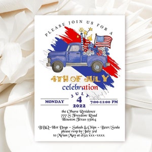 May include: Invitation to a 4th of July celebration with a blue pickup truck decorated with red, white, and blue fireworks and flowers. The event is on Monday, July 4th, 2022 from 7:00 PM to 11:00 PM at the Ohara Residence, 777 S Freedom Road, Houston Texas 93664. The invitation includes details about BBQ, hot dogs, salads, chips, beer, and soda. RSVP by July 3rd to Mrian May at (832) XXX-XXXX.