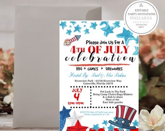 Independence Day 4th of July Invitations, Edit & Print Invite, Red White and Blue Party Invitation Template, Digital INSTANT DOWNLOAD