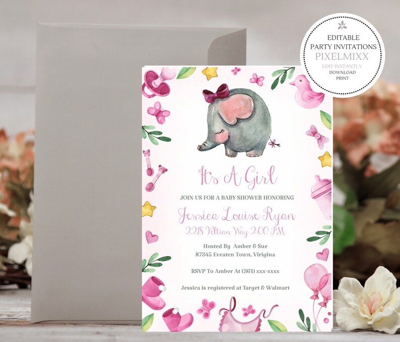 Pink Elephant Baby Shower Invitation Elephant Baby Shower Etsy