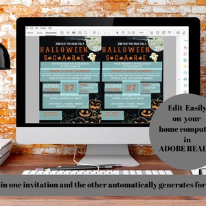 May include: A computer screen displays a Halloween party invitation template. The design features pumpkins, a full moon, and the text "Halloween Scare." The invitation includes editable fields for event details. Text on the screen says "Edit Easily on your home computer in ADOBE READER."