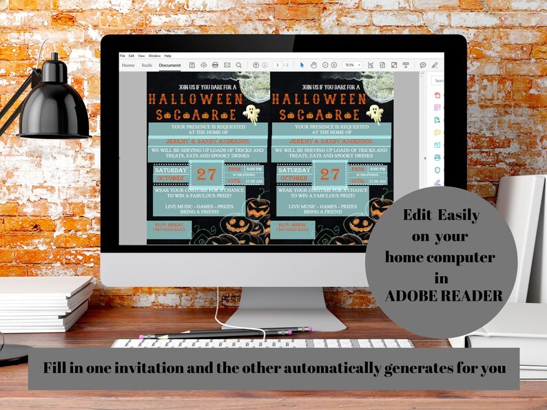 May include: A computer screen displays a Halloween party invitation template. The design features pumpkins, a full moon, and the text "Halloween Scare." The invitation includes editable fields for event details. Text on the screen says "Edit Easily on your home computer in ADOBE READER."