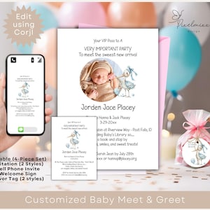 Minimalistisches Baby treffen grüßen Einladung VIP Baby Shower Reihe druckbares Poster Favor Tag Corjl Vorlage bearbeitbares modernes Buchthema