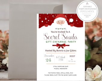 May include: A red and white Christmas party invitation featuring a cartoon Santa Claus peeking over the top. The invitation reads "You're Invited To A Secret Santa Gift Exchange Party" and includes the date, time, and location of the party. It also states "Fun Festive Music, Hdos, Cider, Coca. Please bring a gift for the Secret Santa game."