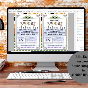 May include: A computer screen displays two Halloween party invitations. The invitations have a spooky theme with orange and green accents, featuring text that reads "Join Us For A Spooky Celebration". The invitations include the date, time, and location.