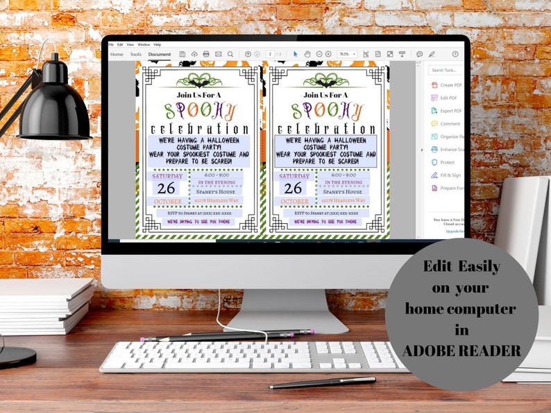 May include: A computer screen displays two Halloween party invitations. The invitations have a spooky theme with orange and green accents, featuring text that reads "Join Us For A Spooky Celebration". The invitations include the date, time, and location.