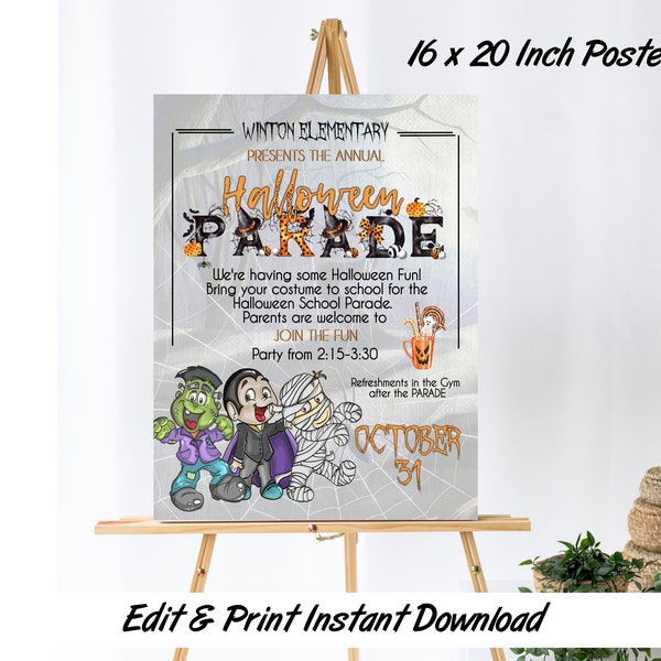 Halloween Parade School Flyer, Editable Halloween Poster, Flyer, Invitation, Printable Halloween Party Event Set in 3 Sizes, Edit & Print