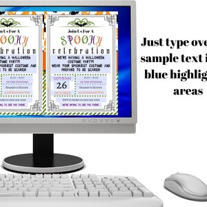 May include: A computer monitor displays two Halloween party invitations. The invitations feature orange and green text with a spooky theme, including bats and pumpkins. The text reads "Join Us For A Spooky Celebration" and details the party's date, time, and location.