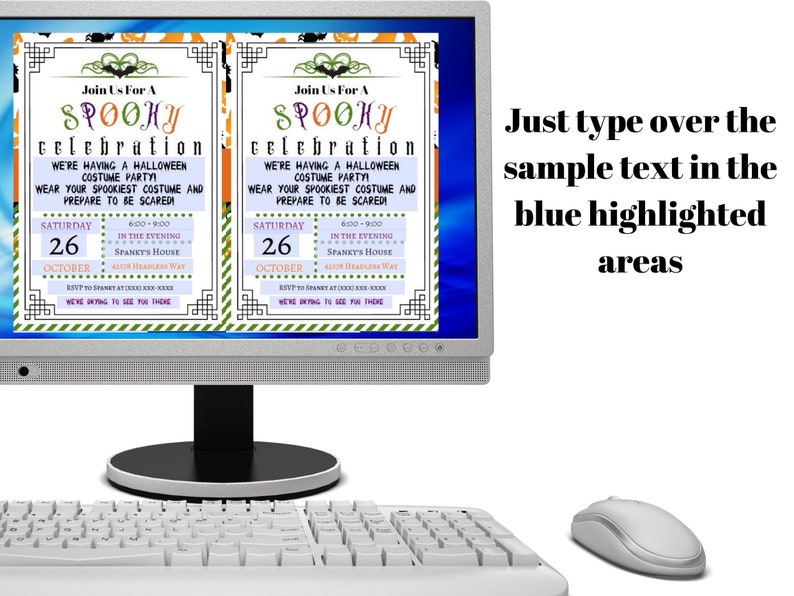 May include: A computer monitor displays two Halloween party invitations. The invitations feature orange and green text with a spooky theme, including bats and pumpkins. The text reads "Join Us For A Spooky Celebration" and details the party's date, time, and location.