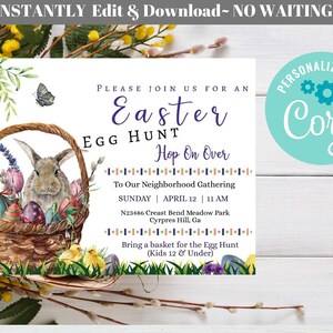 Puede incluir: Una invitaci&oacute;n a una b&uacute;squeda de huevos de Pascua con una ilustraci&oacute;n de acuarela de un conejito en una cesta con huevos de colores. El texto dice "Please join us for an Easter Egg Hunt Hop On Over To Our Neighborhood Gathering Sunday April 12 | 11 AM N23486 Creast Bend Meadow Park Cypress Hill, Ga Trae una cesta para la b&uacute;squeda de huevos (Ni&ntilde;os de 12 a&ntilde;os o menos)"