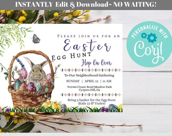 Easter Invitation-Instant Download, Editable Easter Egg Hunt Invitation-Adorable Bunny Invite-Edit Online Using Corjl - EDIT Now! 14Z