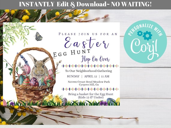 Easter Invitation-Instant Download, Editable Easter Egg Hunt Invitation-Adorable Bunny Invite-Edit Online Using Corjl - EDIT Now! 14Z