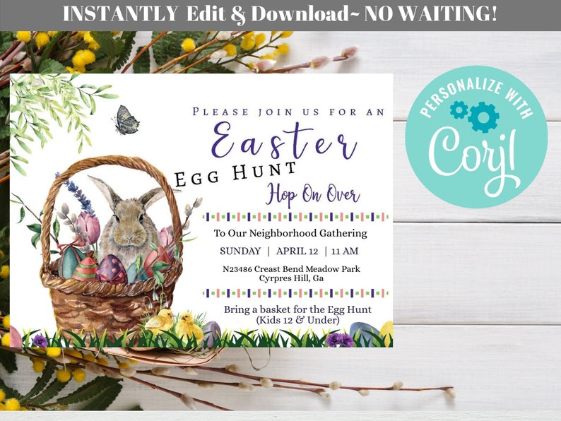 Puede incluir: Una invitaci&oacute;n a una b&uacute;squeda de huevos de Pascua con una ilustraci&oacute;n de acuarela de un conejito en una cesta con huevos de colores. El texto dice "Please join us for an Easter Egg Hunt Hop On Over To Our Neighborhood Gathering Sunday April 12 | 11 AM N23486 Creast Bend Meadow Park Cypress Hill, Ga Trae una cesta para la b&uacute;squeda de huevos (Ni&ntilde;os de 12 a&ntilde;os o menos)"
