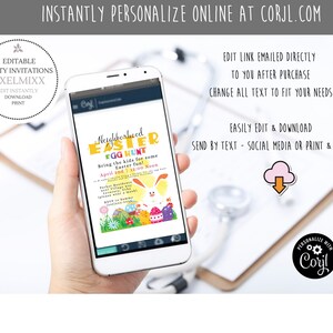 May include: A digital phone screen displaying an Easter egg hunt invitation with a bunny rabbit, colorful eggs, and the text "Neighborhood Easter Egg Hunt". The invitation includes the date, time, and location of the event. The text "Bring the kids for some Easter fun!" is also included.