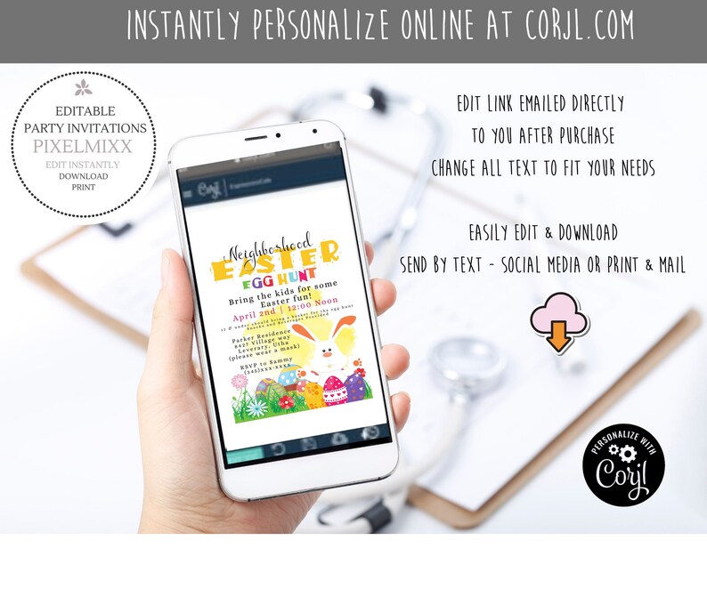 May include: A digital phone screen displaying an Easter egg hunt invitation with a bunny rabbit, colorful eggs, and the text "Neighborhood Easter Egg Hunt". The invitation includes the date, time, and location of the event. The text "Bring the kids for some Easter fun!" is also included.