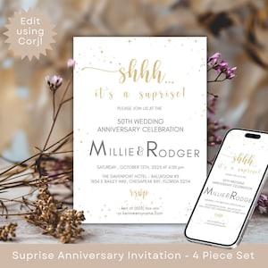 Invitación sorpresa de aniversario de bodas con brillo dorado, plantilla editable para cumpleaños o celebración del 50.º aniversario.