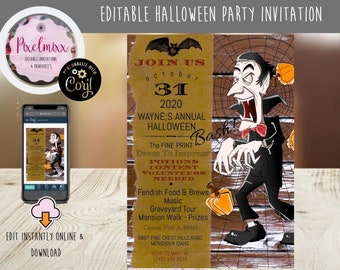 Può includere: Un invito modificabile per una festa di Halloween con un'illustrazione di un vampiro dei cartoni animati. L'invito include i dettagli dell'evento, come data, ora e luogo. Il testo include "Join Us", "Halloween Bash!" e "Dress to Impress".