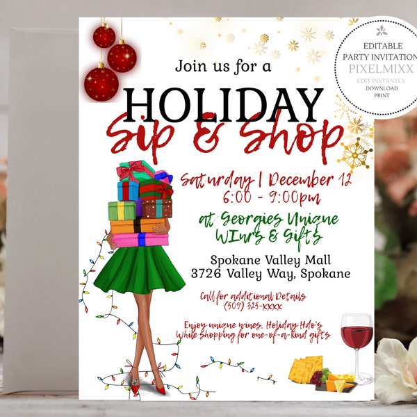 EDITABLE Holiday Sip-&-Shop Christmas Flyer, Shopping Flyer, Christmas Open House Business Flyer, Edit and Print Instantly - No Waiting!