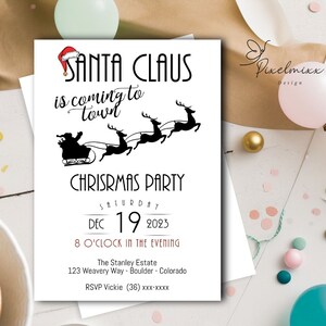 Santa Claus Is Coming To Town Christmas Party Invitation, Black and White Editable Holiday Party Invitation, Access Edit and Download online