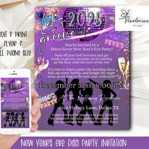 Op de afbeelding: Een paarse en zilveren nieuwjaarsfeestinvitation met een discobal, silhouetten van dansende mensen en de tekst "Let's groove into 2025" en "Disco Fever". De uitnodiging bevat de datum en tijd van het feest, de locatie en een dresscode.