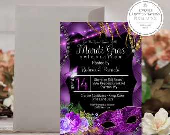 May include: A purple and black Mardi Gras celebration invitation with gold accents. The invitation includes the text "Let The Good Times Roll! Mardi Gras celebration" and event details. A matching envelope is included.